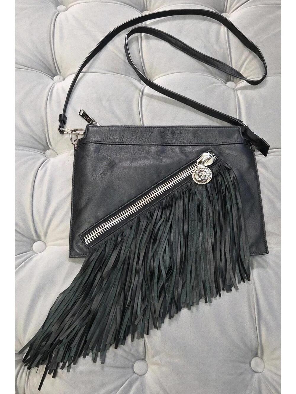 Versus By Versace Vintage Fringe Lion Shoulder Bag Purse Black Leather Silver